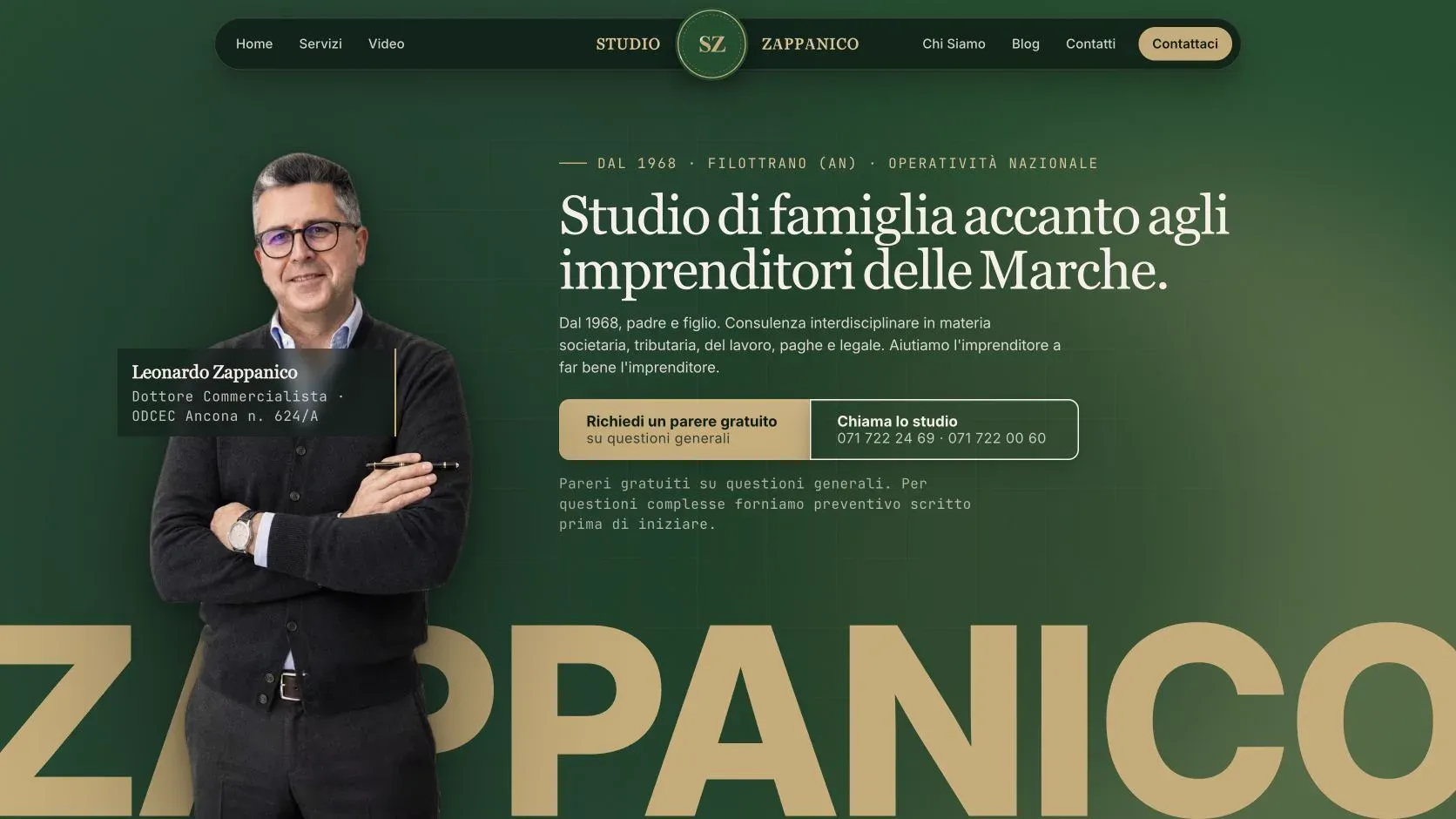 Homepage dello Studio Zappanico con Leonardo Zappanico e i contatti dello studio