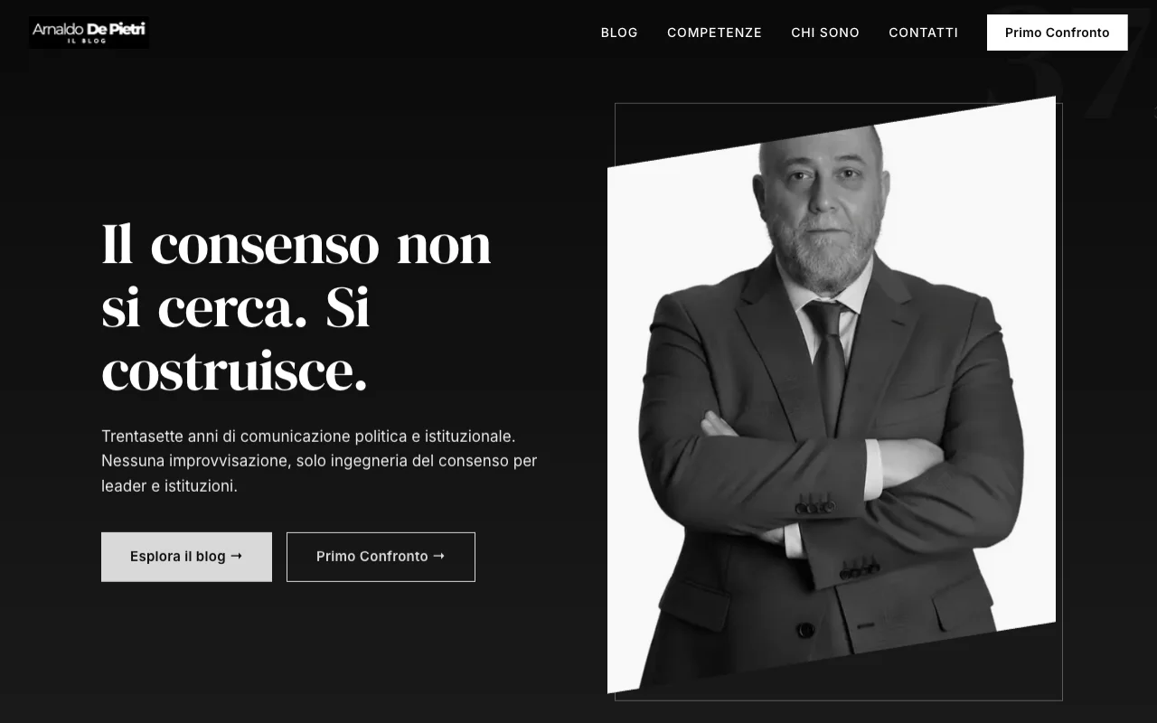 Homepage Arnaldo De Pietri con accessi al blog, alle competenze e al primo confronto