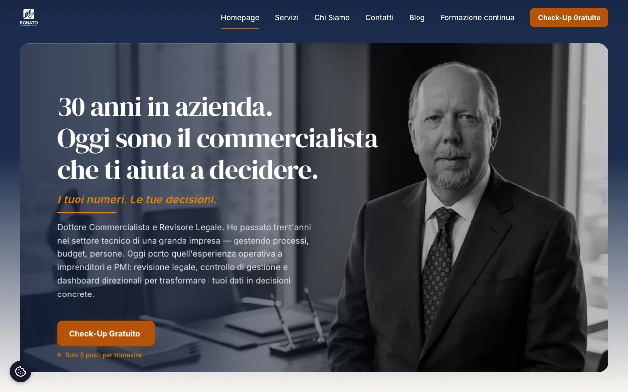 Homepage Bonato Audit con presentazione del professionista e pulsante Check-Up Gratuito
