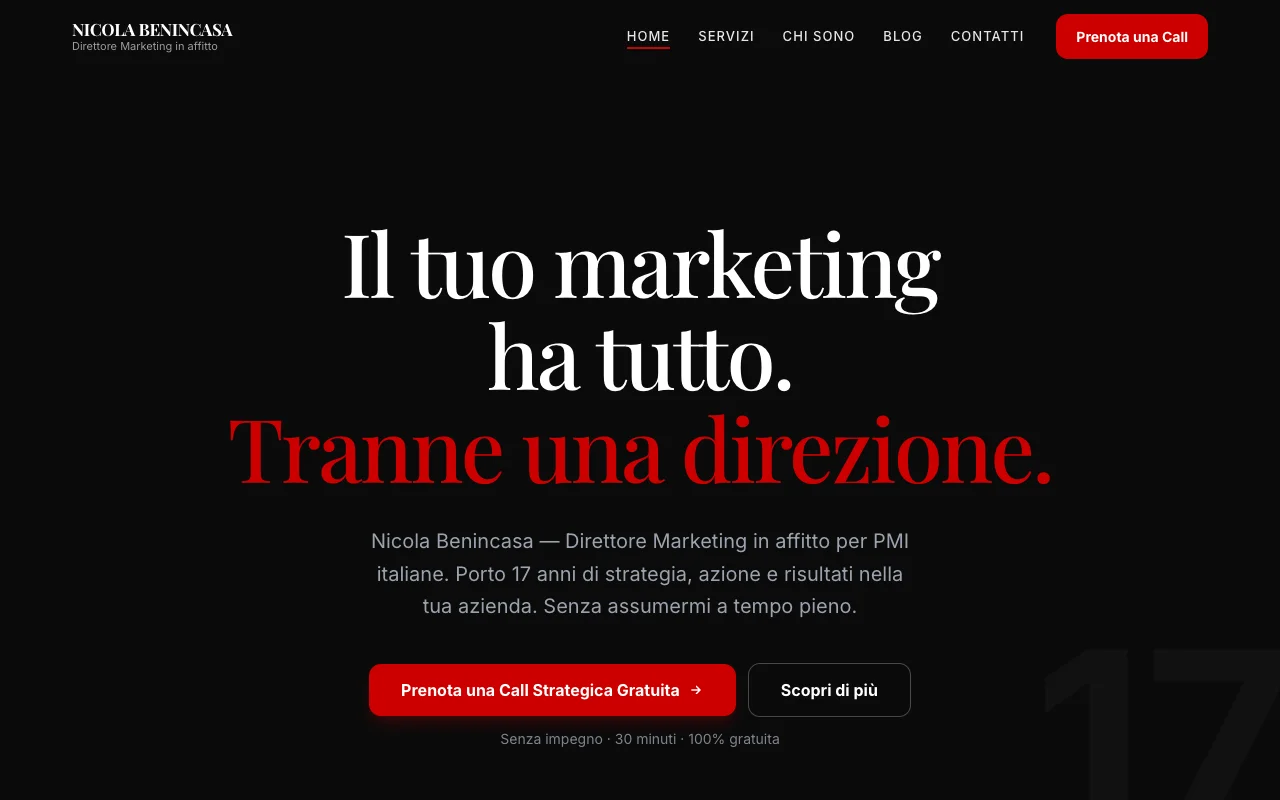 Homepage Nicola Benincasa con presentazione della direzione marketing per PMI e pulsante per prenotare una call